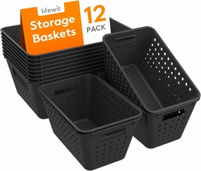 Lifewit Plastic Storage Basket, 12 Pack Stackable Storage Bins for Organizing, Multi Size Open Containers for Shelving, Pantry, Office and Cabinet, 8 Large and 4 Small Size, Black