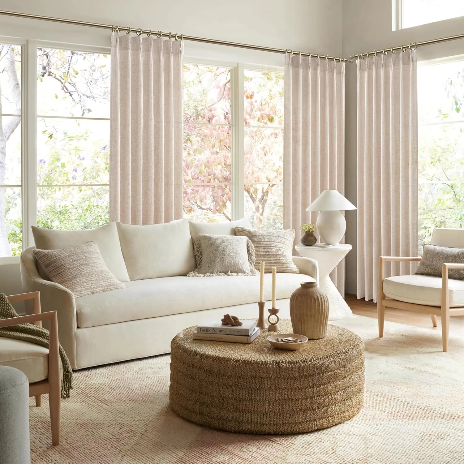 Light Filtering Primitive for Living Room, Thick Linen Semi Sheer Curtains 96 Inches Long 2 Panels Set Rustic Country Oatmeal Beige Curtains Patio Door Window Drapes Window Treatments