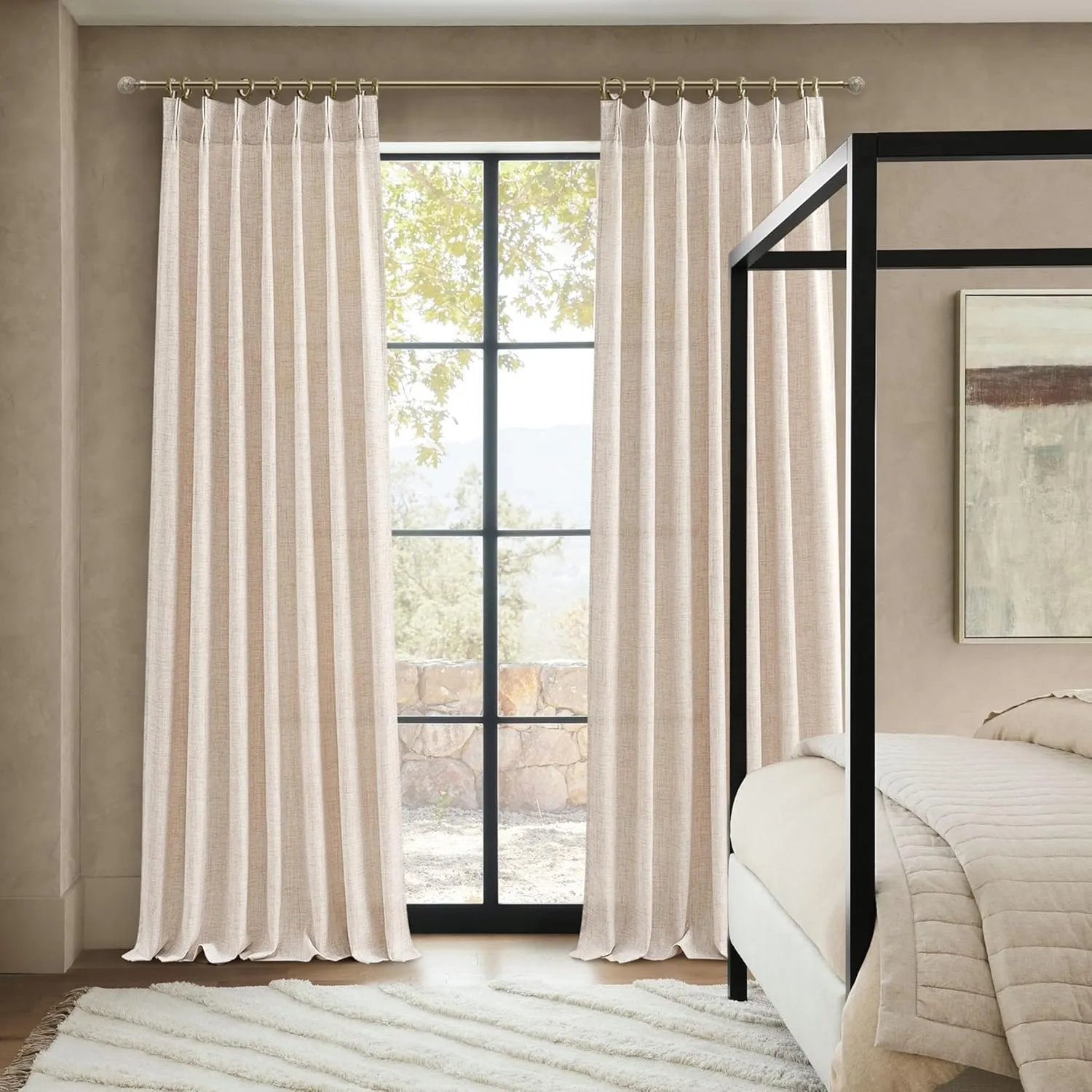 Light Filtering Primitive for Living Room, Thick Linen Semi Sheer Curtains 96 Inches Long 2 Panels Set Rustic Country Oatmeal Beige Curtains Patio Door Window Drapes Window Treatments