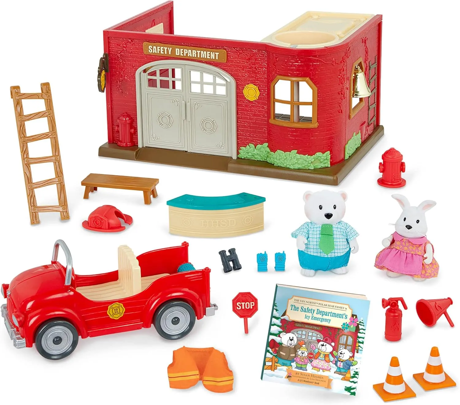 Li'l Woodzeez – Safety Department Dollhouse Playset – Posable Doll Figures, Fire Truck & Storybook Included – Miniature Furnitures & Accessories – Stackable Toy Pretend Play for Kids 3 