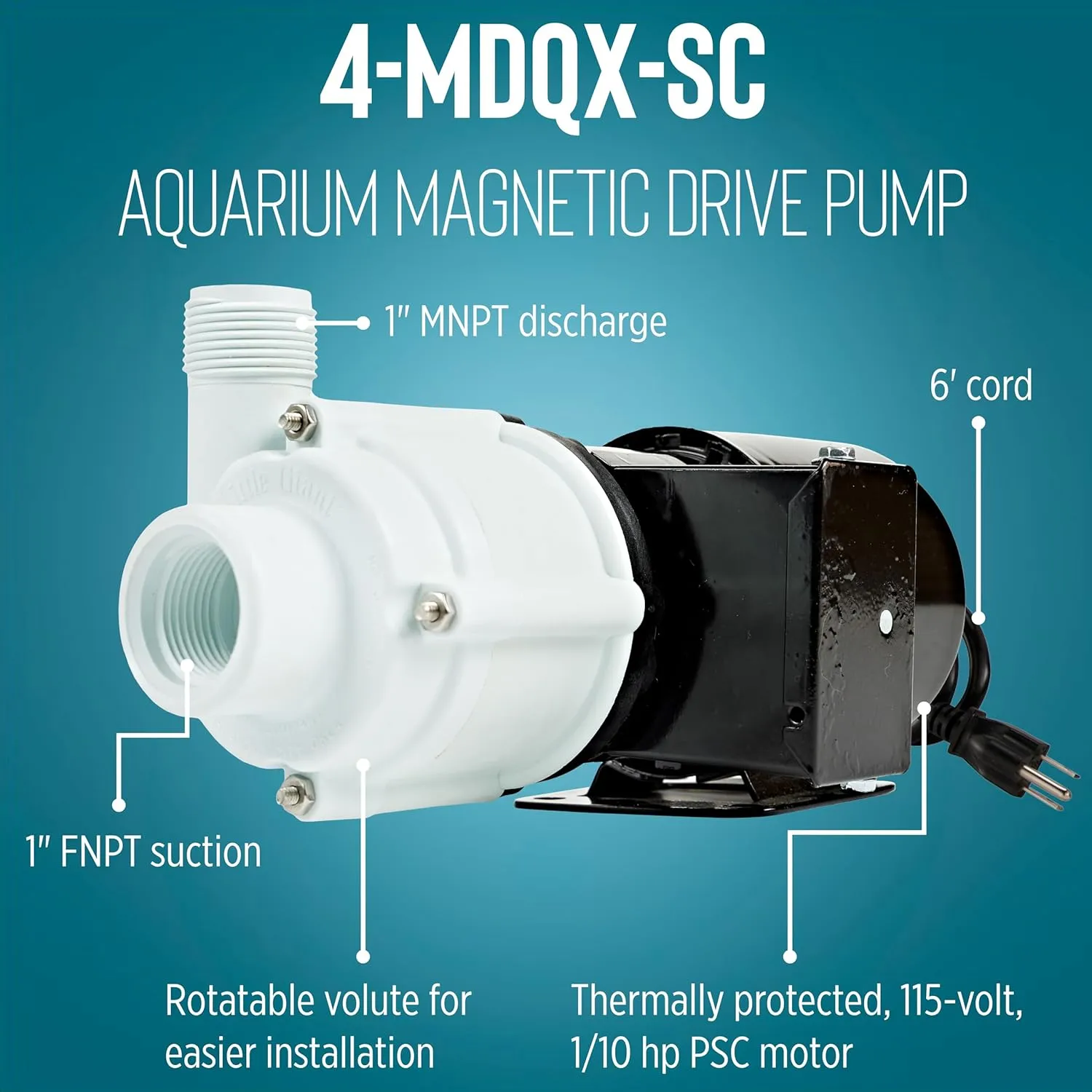 Little Giant 4-MDQX-SC 115-Volt, 1/10 HP, 1225 GPH, Non-Submersible Magnetic Drive Free Flow Aquarium Circulation Pump, 6-Ft. Cord, Black/White, 582507