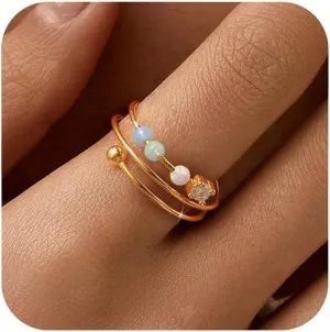 LOVECOM 14K Gold Plated Filled Fidget Rings With Opal S925 Sterling Silver Adjustable Open Anxiety Ring for Women Cute Stress Relieving Spinner Ring With Beads Jewelry Christmas Gifts for Mom