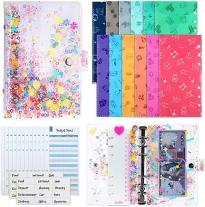 Lovely Sequins Budget Binder with Budget Sheets Cash Envelopes Bag Blank Stickers for Budgeting Cash Budget Organizer Binder Cash Budget Planner Organizer with Budget Sheets Envelopes Bag Binder