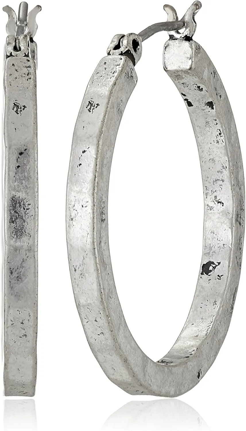Lucky Brand Silver-Tone Small Hammered Round Hoop Earrings