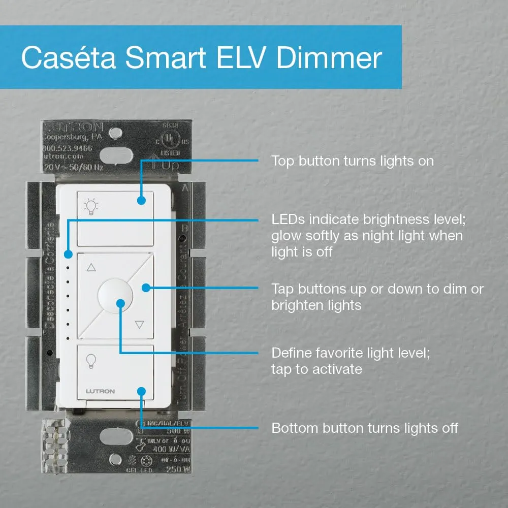 Lutron Caseta Original Smart Dimmer Switch ELV  (Lutron Hub Required), 250W LED, Single-Pole/3-Way, Neutral Required, PD-5NE-IV, Ivory