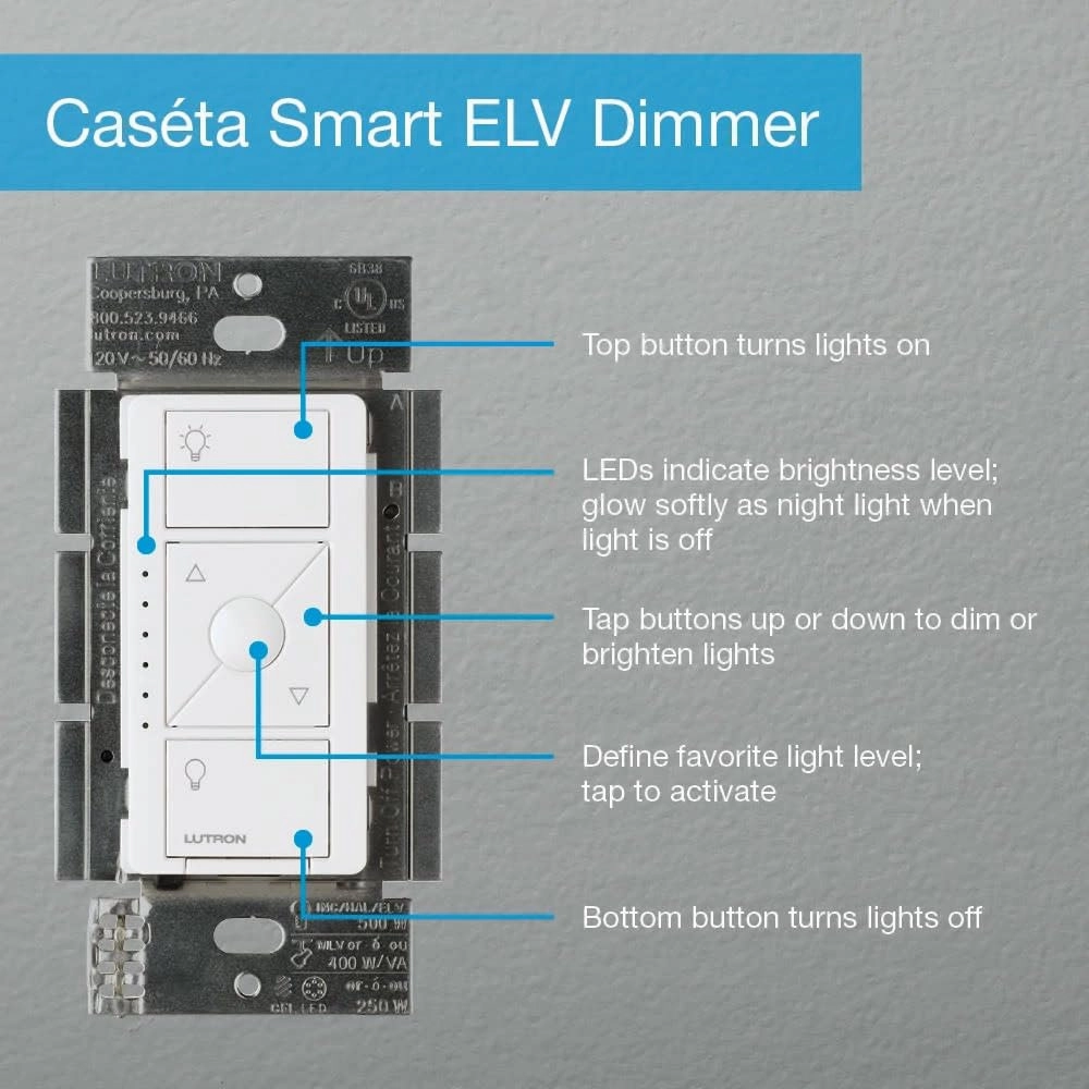 Lutron Caseta Original Smart Dimmer Switch ELV  (Lutron Hub Required), 250W LED, Single-Pole/3-Way, Neutral Required, PD-5NE-LA, Light Almond