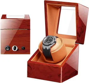 Luxury Automatic Single Watch Winder Box with Quiet Motor - Premium Solid Wood Piano Exterior and Pu Leather Watch Pillows,Battery Powered Or Ac Adapter,B