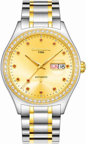 Luxury Mens Automatic Mechanical Watches Golden Stainless Steel Waterproof Calendar Luminous Rhinestones