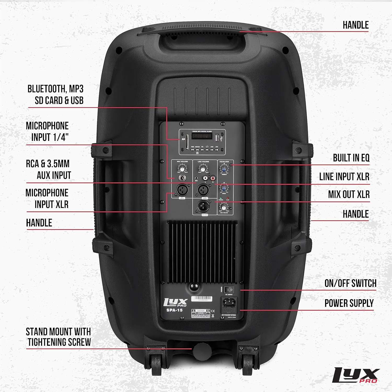 LyxPro 15 Inch PA Active Speaker System Compact and Portable with Equalizer, Bluetooth, MP3, USB, SD Card Slot, XLR, 1/4”, 3.5mm Input, Carry Handles, SPA-15