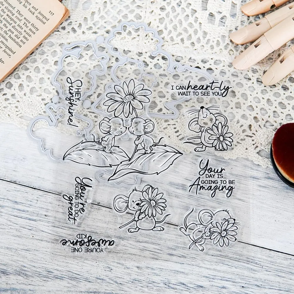 LZBRDY Kawaii Mouse & Flower Original Design Stamps & Dies DIY Scrapbooking Clear Stamps Cutting Dies Paper Card Decoration Photo Gift Blessing Thank Card Office Supplies Eid Al-Adha Mubarak
