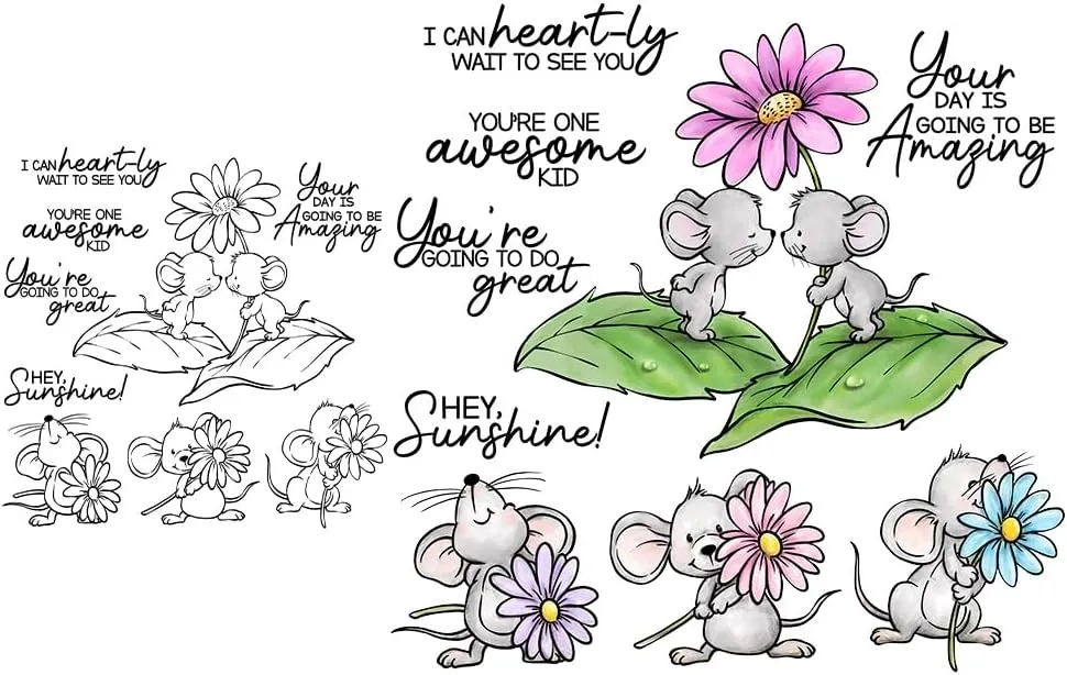 LZBRDY Kawaii Mouse & Flower Original Design Stamps & Dies DIY Scrapbooking Clear Stamps Cutting Dies Paper Card Decoration Photo Gift Blessing Thank Card Office Supplies Eid Al-Adha Mubarak