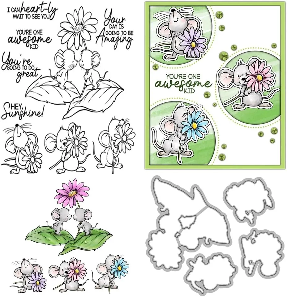 LZBRDY Kawaii Mouse & Flower Original Design Stamps & Dies DIY Scrapbooking Clear Stamps Cutting Dies Paper Card Decoration Photo Gift Blessing Thank Card Office Supplies Eid Al-Adha Mubarak