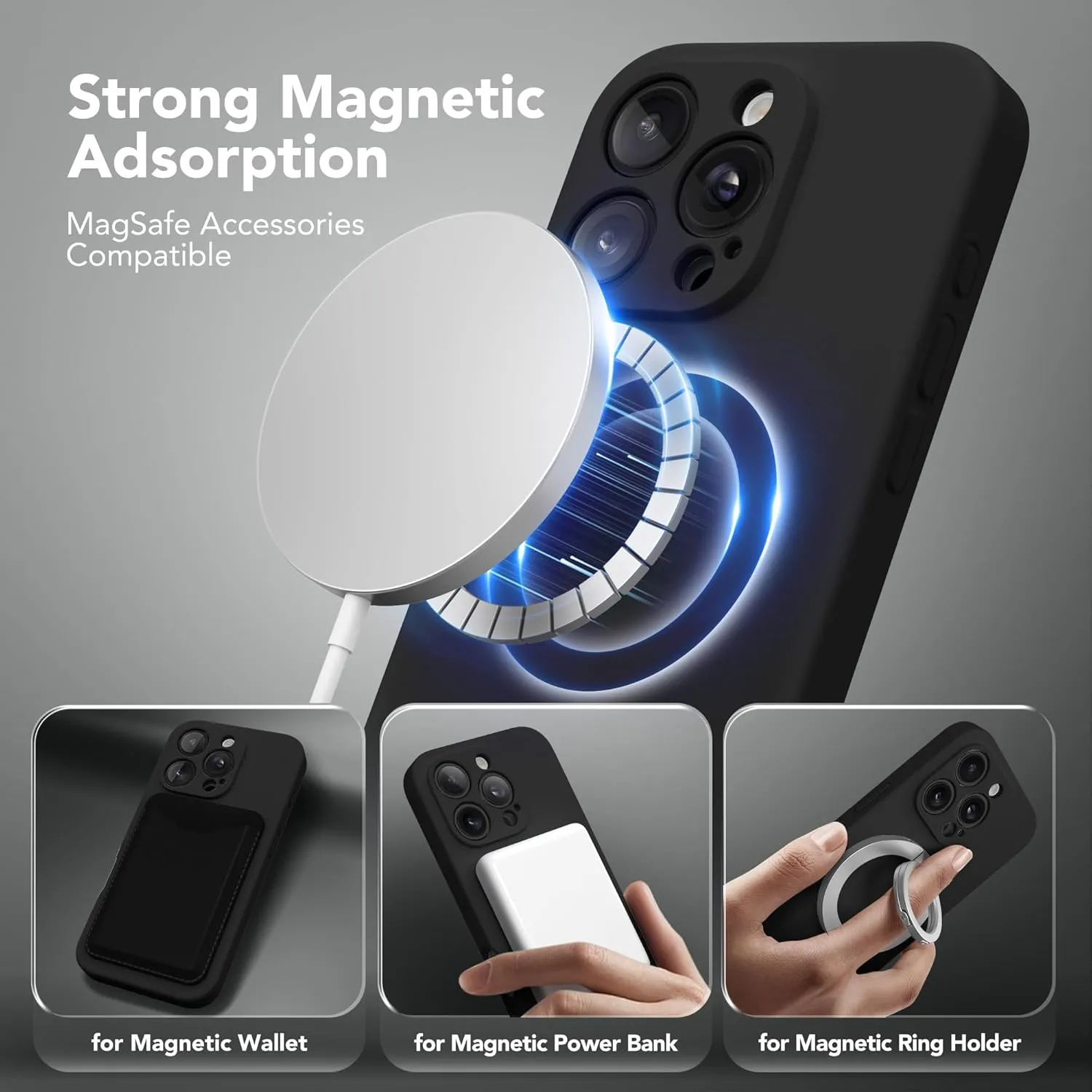 Magnetic for iPhone 16 Pro Case, Compatible with MagSafe, [Full Camera Protection][Screen Protector] Silicone Shockproof Protective Phone Case for iPhone 16 Pro 6.3", Black