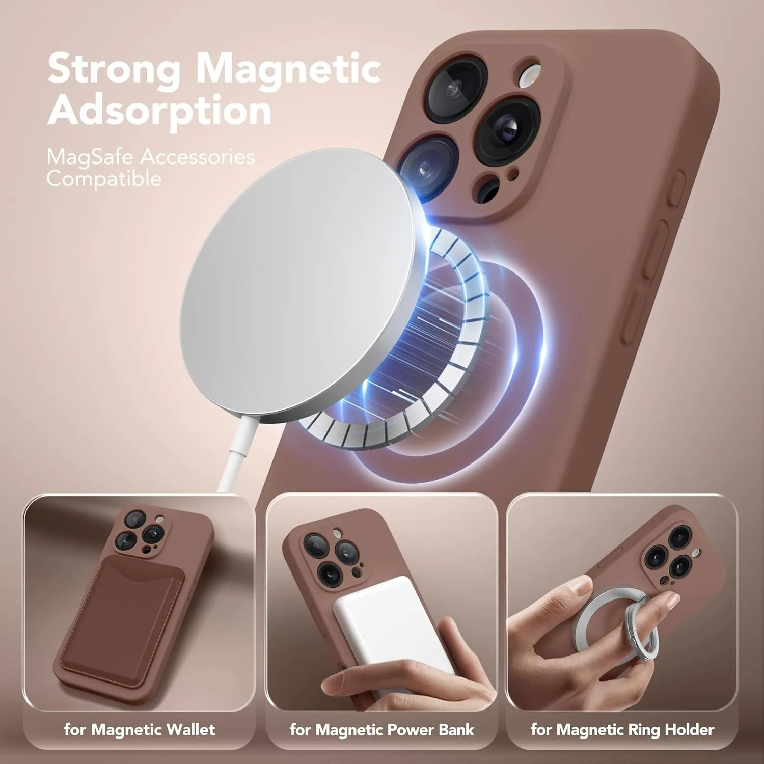 Magnetic for iPhone 16 Pro Case, Compatible with MagSafe, [Full Camera Protection][Screen Protector] Silicone Shockproof Protective Phone Case for iPhone 16 Pro 6.3", Brown