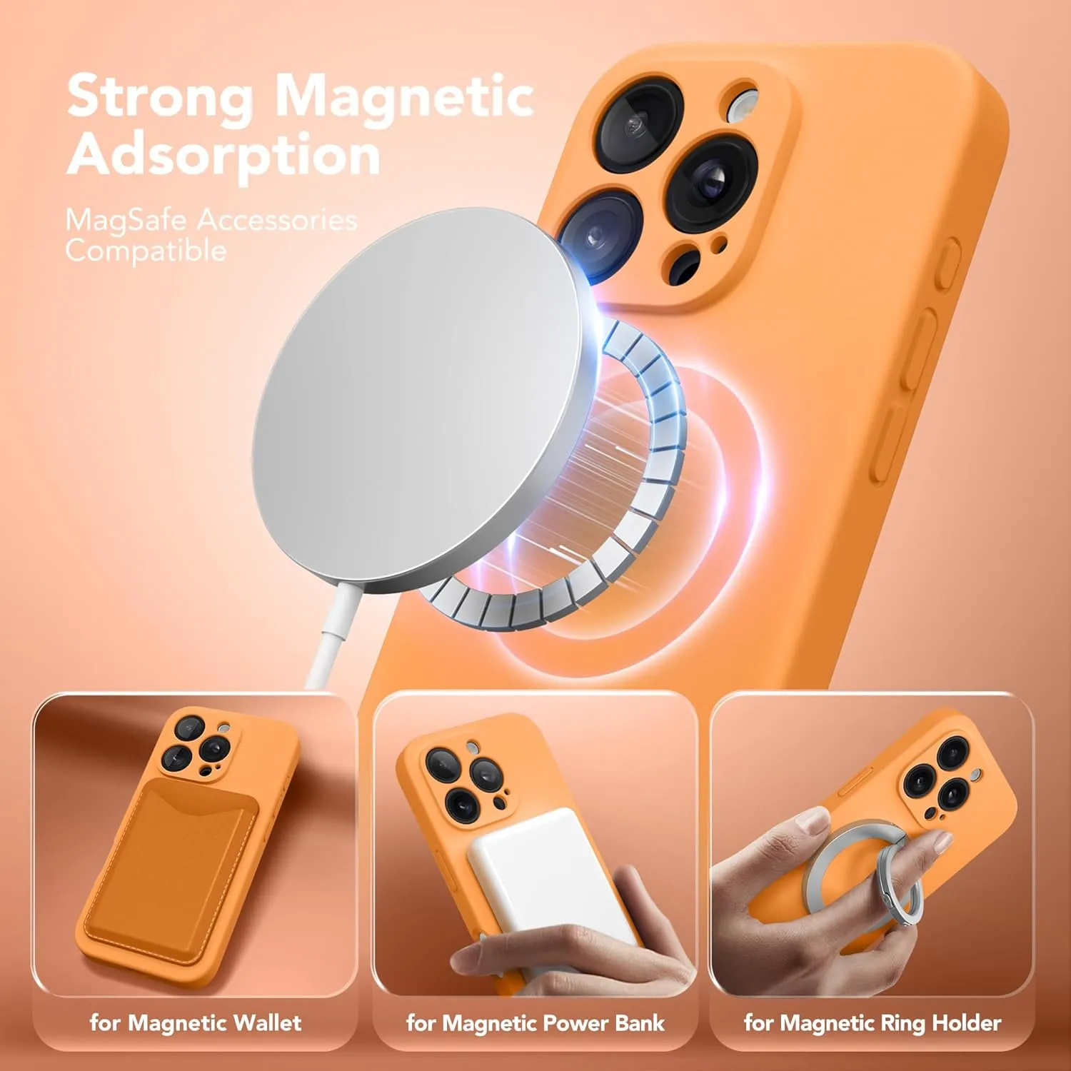 Magnetic for iPhone 16 Pro Case, Compatible with MagSafe, [Full Camera Protection][Screen Protector] Silicone Shockproof Protective Phone Case for iPhone 16 Pro 6.3", Cantaloupe