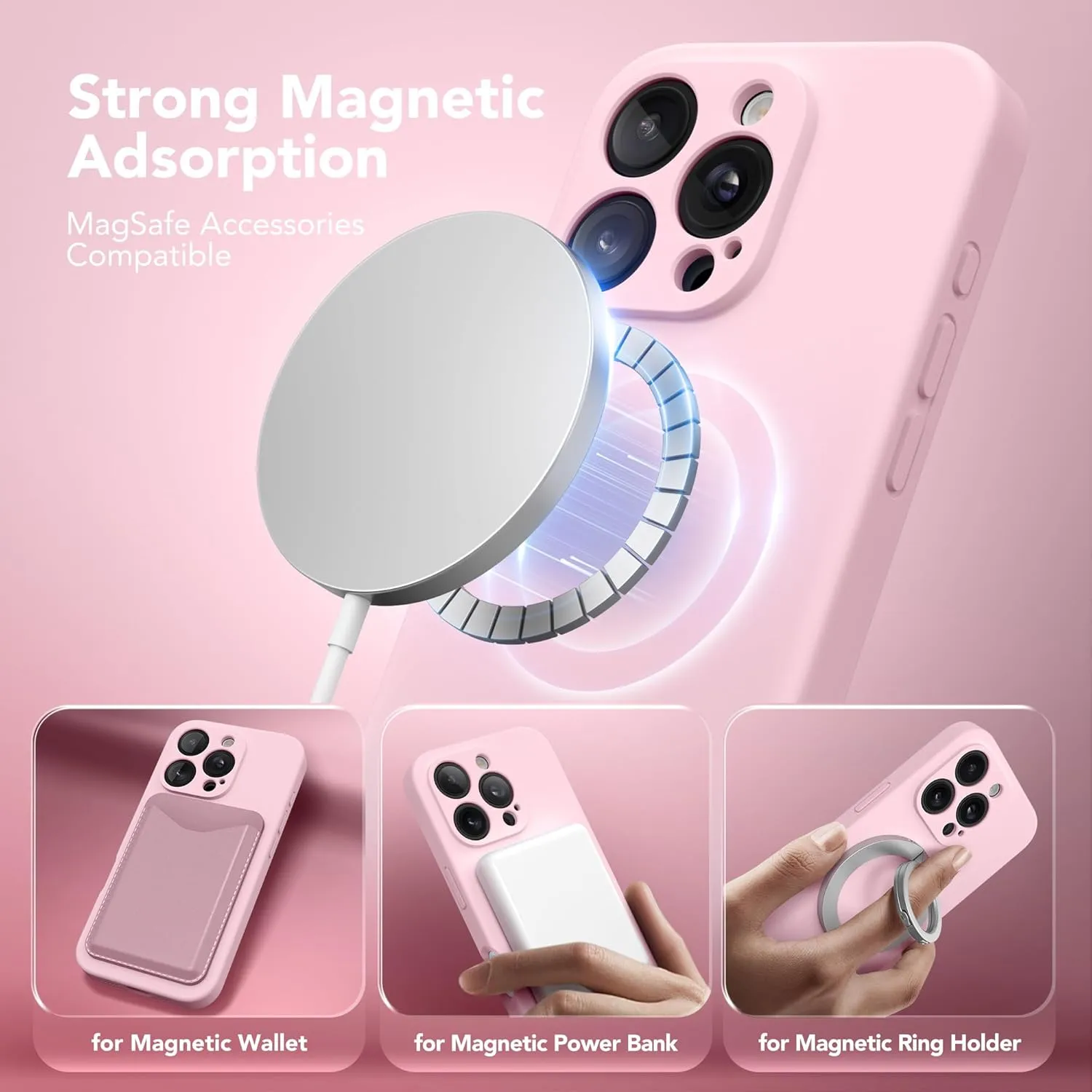 Magnetic for iPhone 16 Pro Case, Compatible with MagSafe, [Full Camera Protection][Screen Protector] Silicone Shockproof Protective Phone Case for iPhone 16 Pro 6.3", Chalk Pink