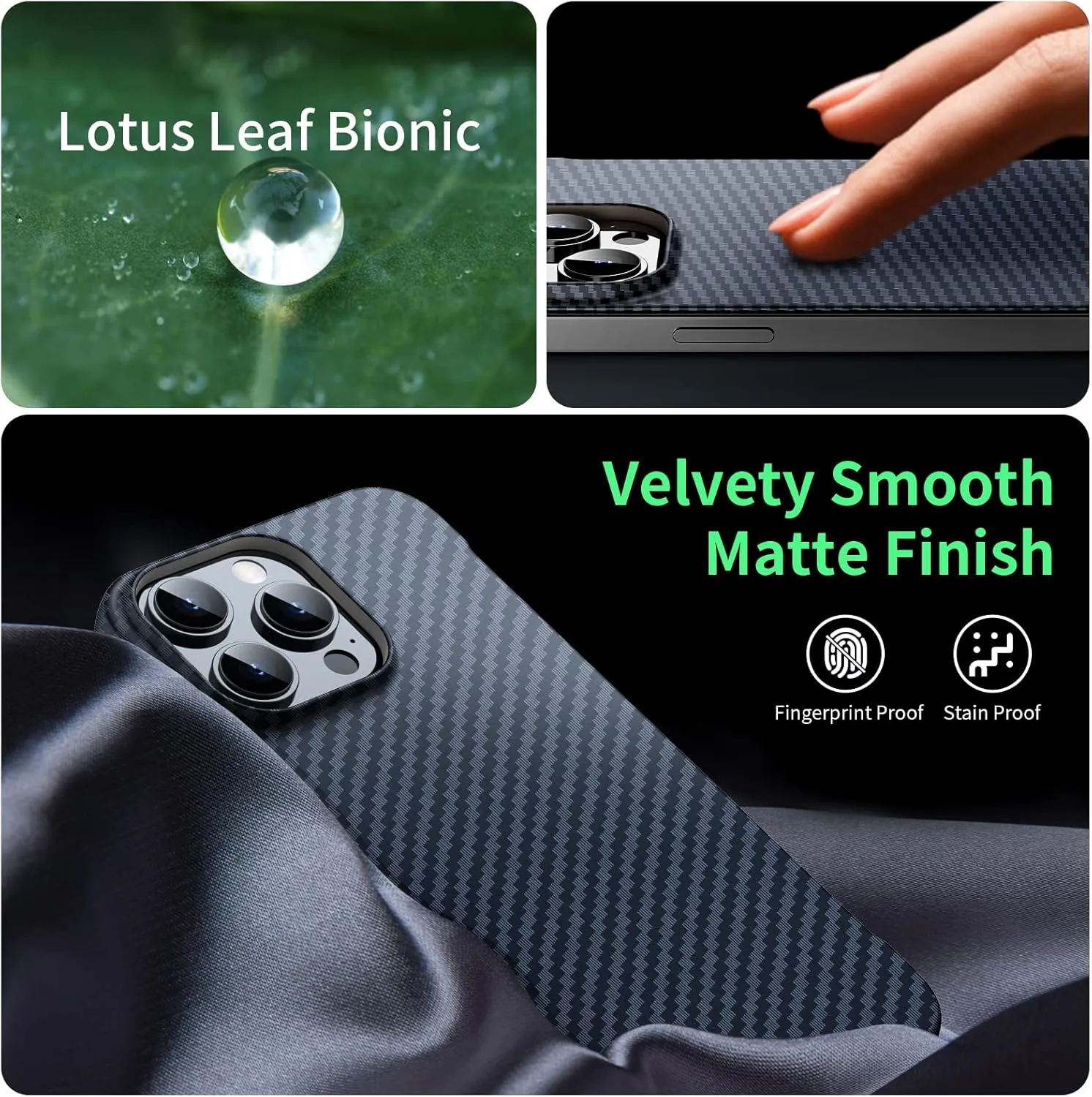 Magnetic Ultra-Thin Frosted Soft Touch Skin Borderless Carbon Fiber Bump Texture for iPhone 15 Pro Max Frameless Case 6.7" Slim Minimalist Lightweight Matte Hard for MagSafe Cover Case-Black
