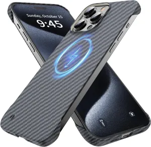 Magnetic Ultra-Thin Frosted Soft Touch Skin Borderless Carbon Fiber Bump Texture for iPhone 15 Pro Max Frameless Case 6.7" Slim Minimalist Lightweight Matte Hard for MagSafe Cover Case-Black
