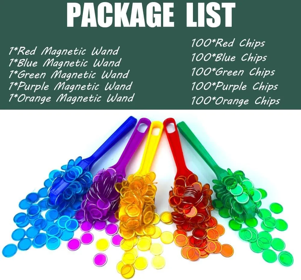 Magnetic Wands and Bingo Chips Set Magnet Wand wtih 100pcs Metal Ringed Discs for Elderly School Science STEM Kit Math Learning Chess Accessories