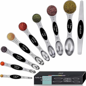 Magnetic Measuring Spoons Set,Heavy Duty Stainless Steel,Dual Sided Stackable Measuring Spoons Nesting Teaspoons Tablespoons for Measuring Dry and Liquid Ingredients,Set of 9 (Black)