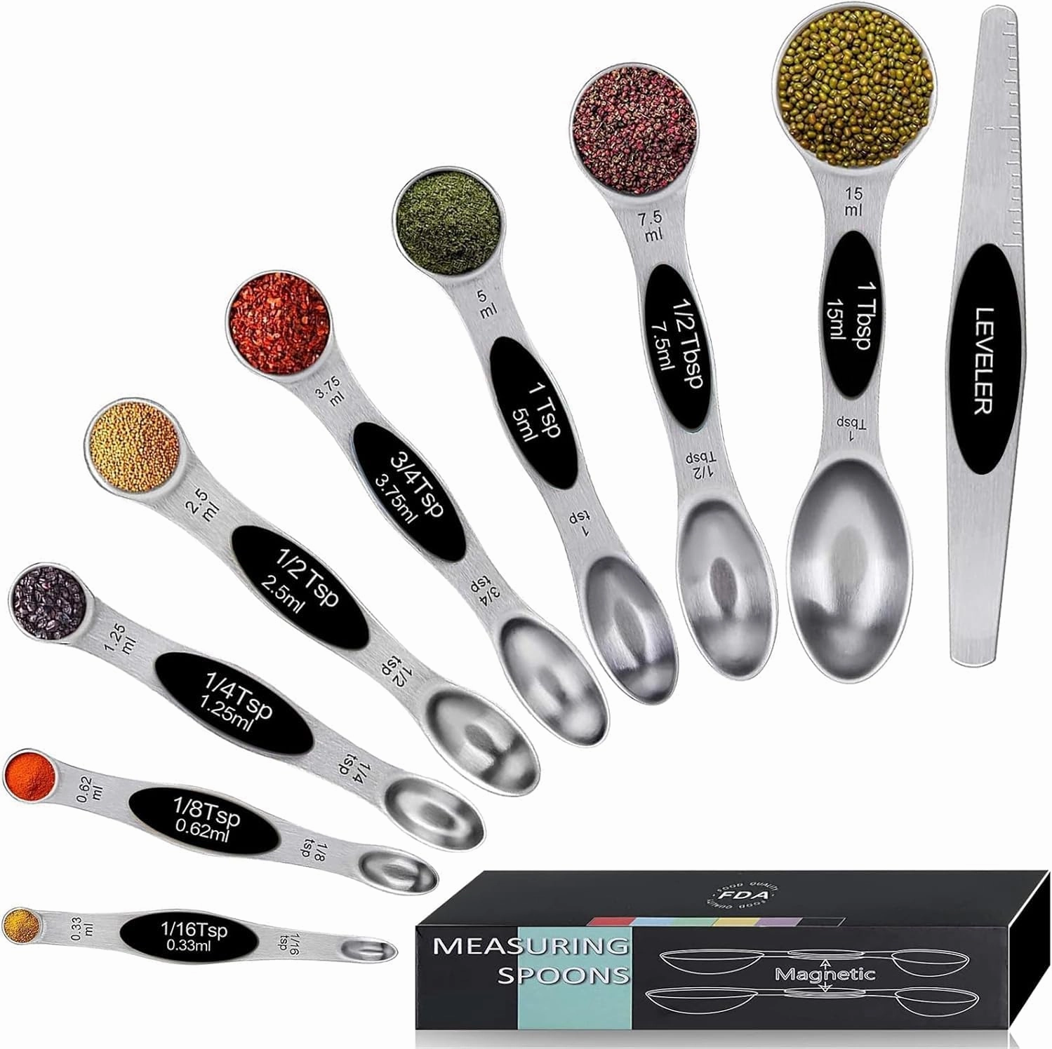 Magnetic Measuring Spoons Set,Heavy Duty Stainless Steel,Dual Sided Stackable Measuring Spoons Nesting Teaspoons Tablespoons for Measuring Dry and Liquid Ingredients,Set of 9 (Black)