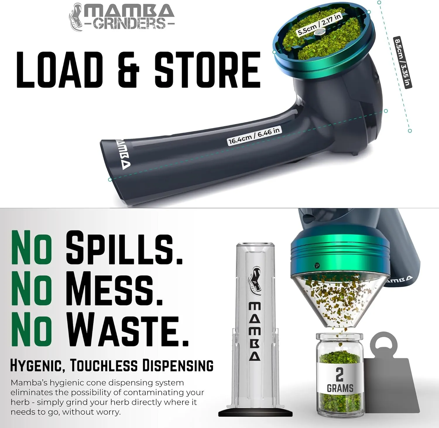 Mamba Loader XL 2g Gray USB Electric Herb Grinder. Small Portable Metal Herbal Machine & Spice Mill for the Kitchen