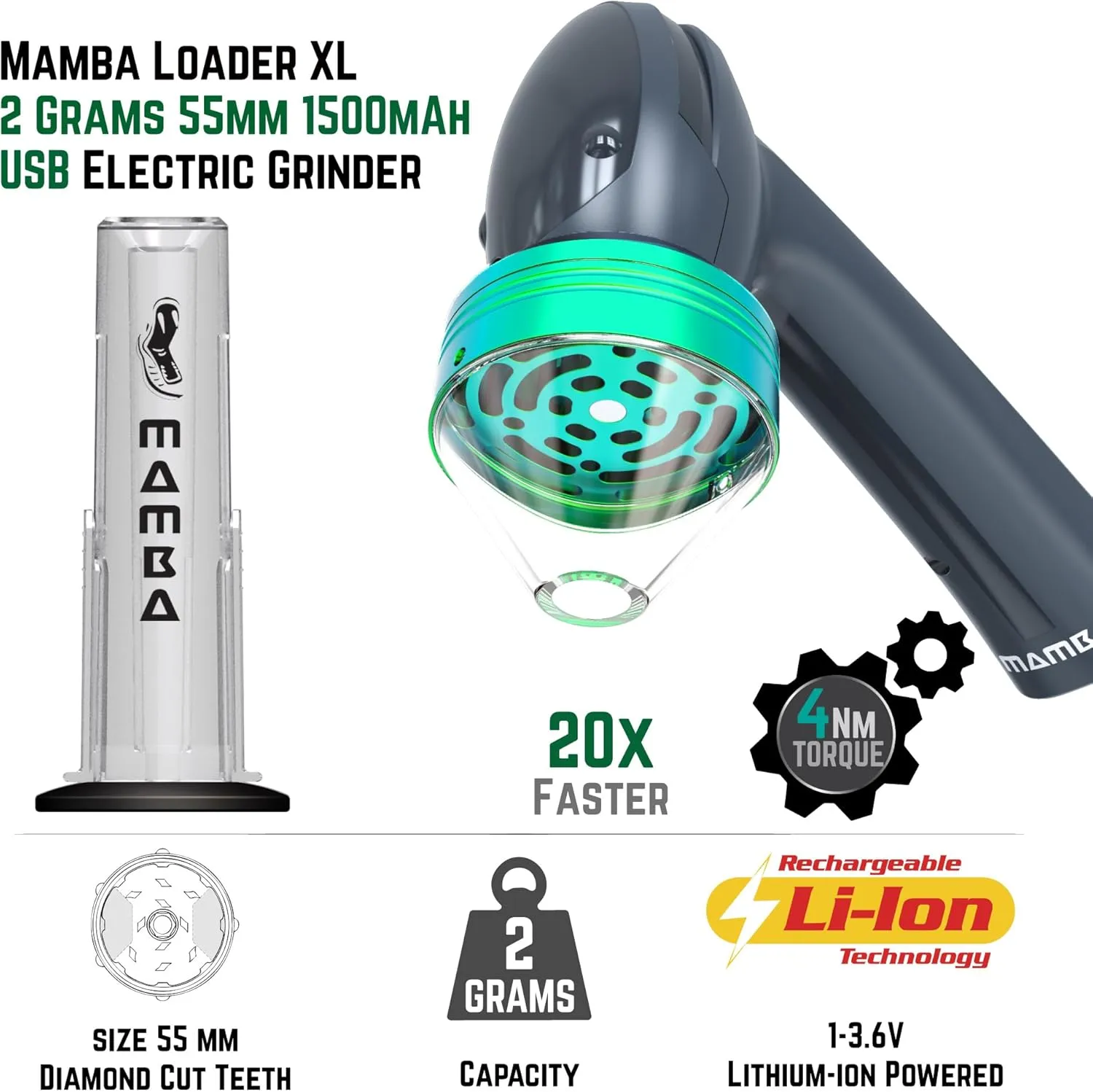 Mamba Loader XL 2g Gray USB Electric Herb Grinder. Small Portable Metal Herbal Machine & Spice Mill for the Kitchen