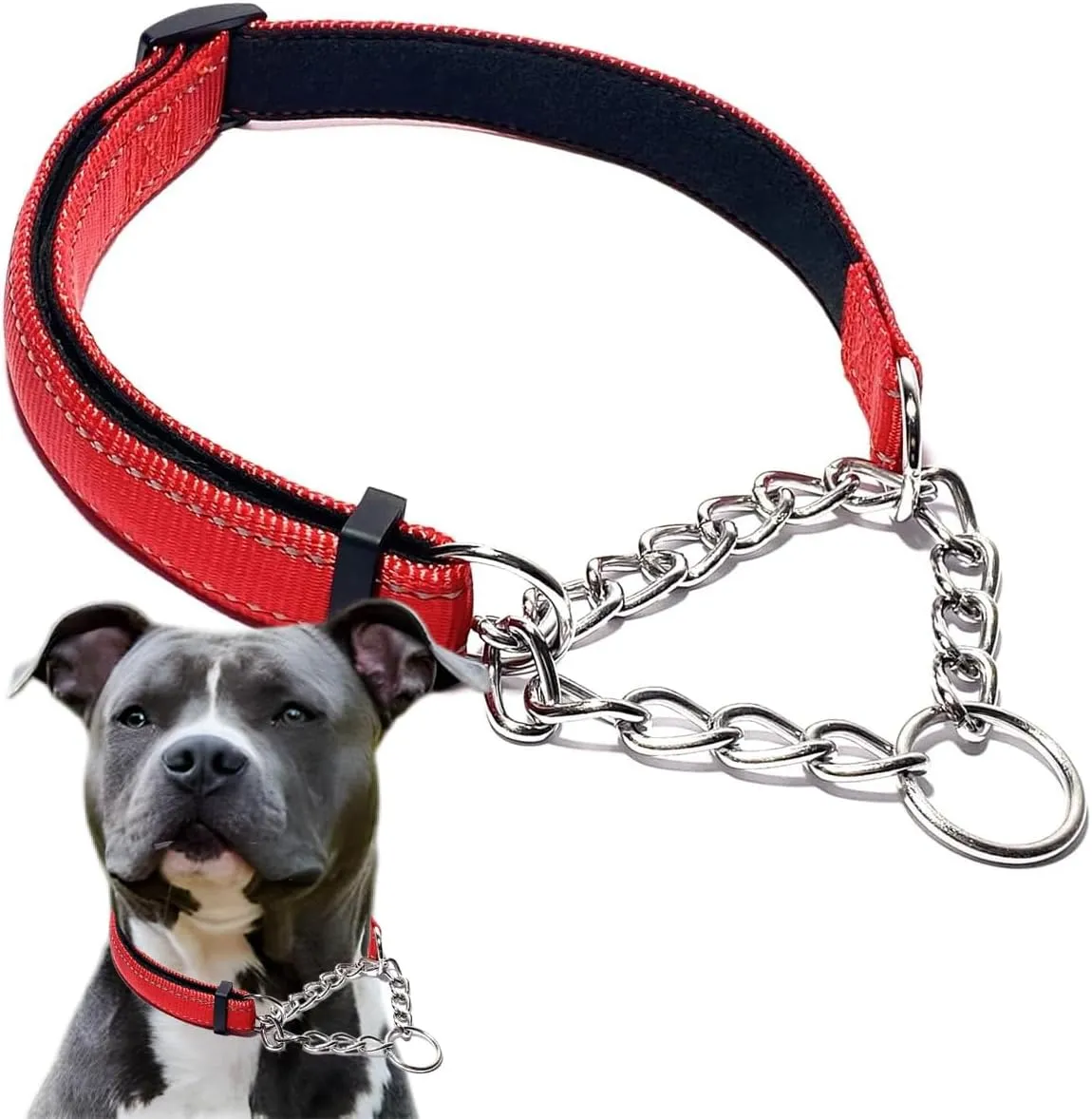 Martingale Collar for Dogs, Reflective Nylon Soft Padded No Pull Training Collars Adjustable Stainless Steel Chain Collar for Small Medium Large Dogs Red X-Large