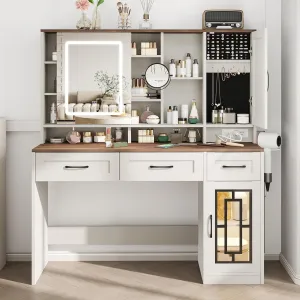 Maupvit Vanity Desk with Mirror and Lights, Makeup Table with Drawers & Jewelry Cabinet, Large Vanity with Storage, Bedroom Dressing Table (White)