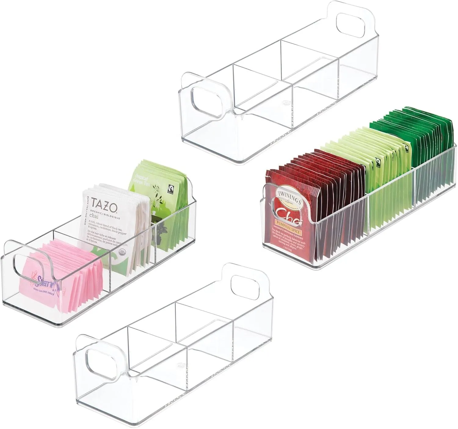 mDesign Plastic Condiment Organizer and Tea Bag Holder - 9" Long Kitchen Pantry/Countertop Storage Caddy - Divided Chip, Snack, Granola, Oatmeal Packet Holder - Lumiere Collection - 4 Pack - Clear