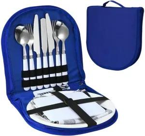 MDybf Camping Cutlery Set for 2, Food-Grade Stainless Steel Camping Cutlery with Spoon Fork Knife Plate, Lightweight Travel Cutlery for Outdoor Hiking Picnic (Color : Blue)