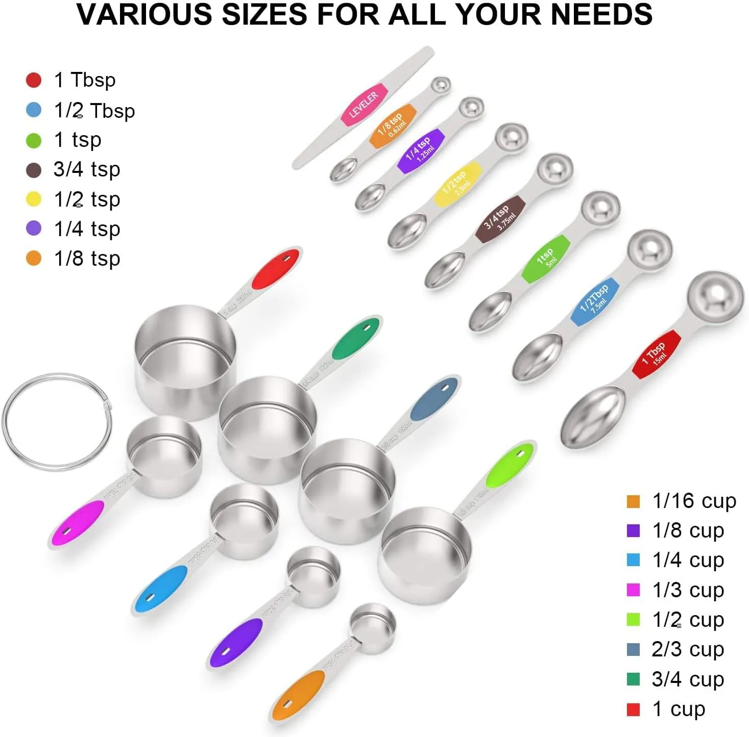 Measuring Cups and Magnetic Measuring Spoons Set, Wildone Stainless Steel 16 Piece Set, 8 Measuring Cups & 7 Double Sided Stackable Magnetic Measuring Spoons & 1 Leveler