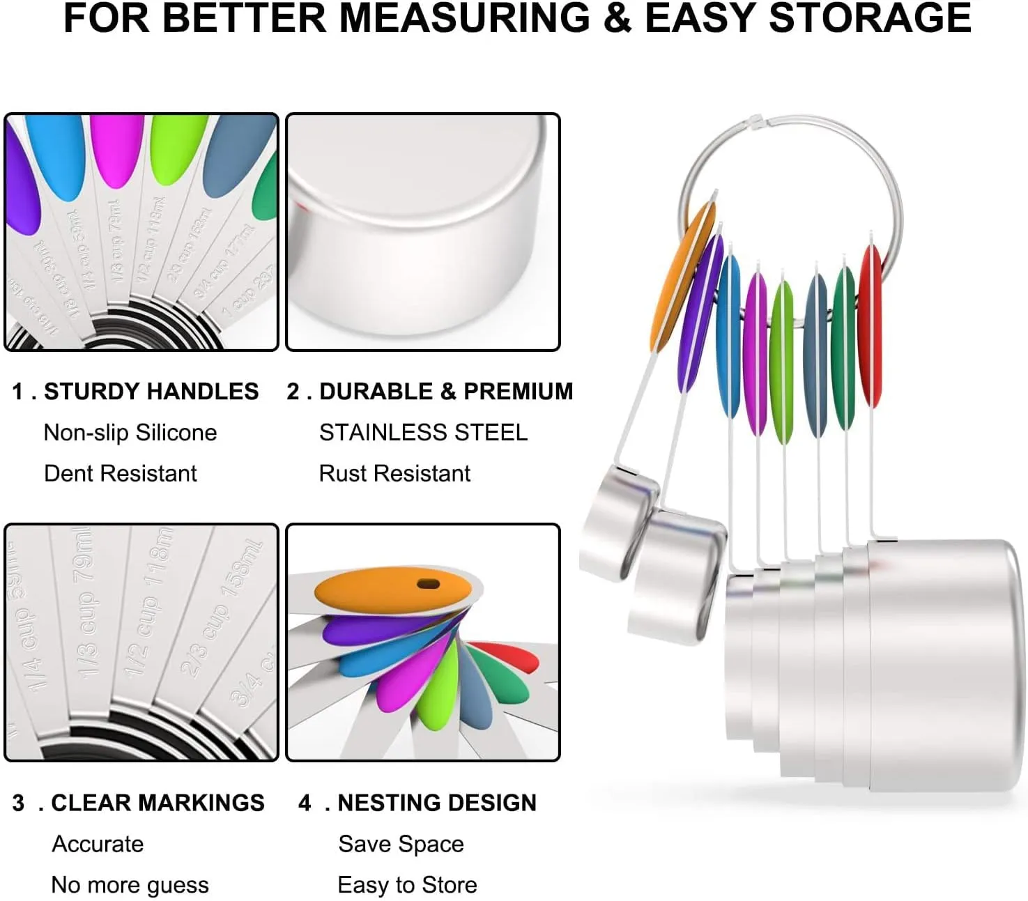 Measuring Cups and Magnetic Measuring Spoons Set, Wildone Stainless Steel 16 Piece Set, 8 Measuring Cups & 7 Double Sided Stackable Magnetic Measuring Spoons & 1 Leveler