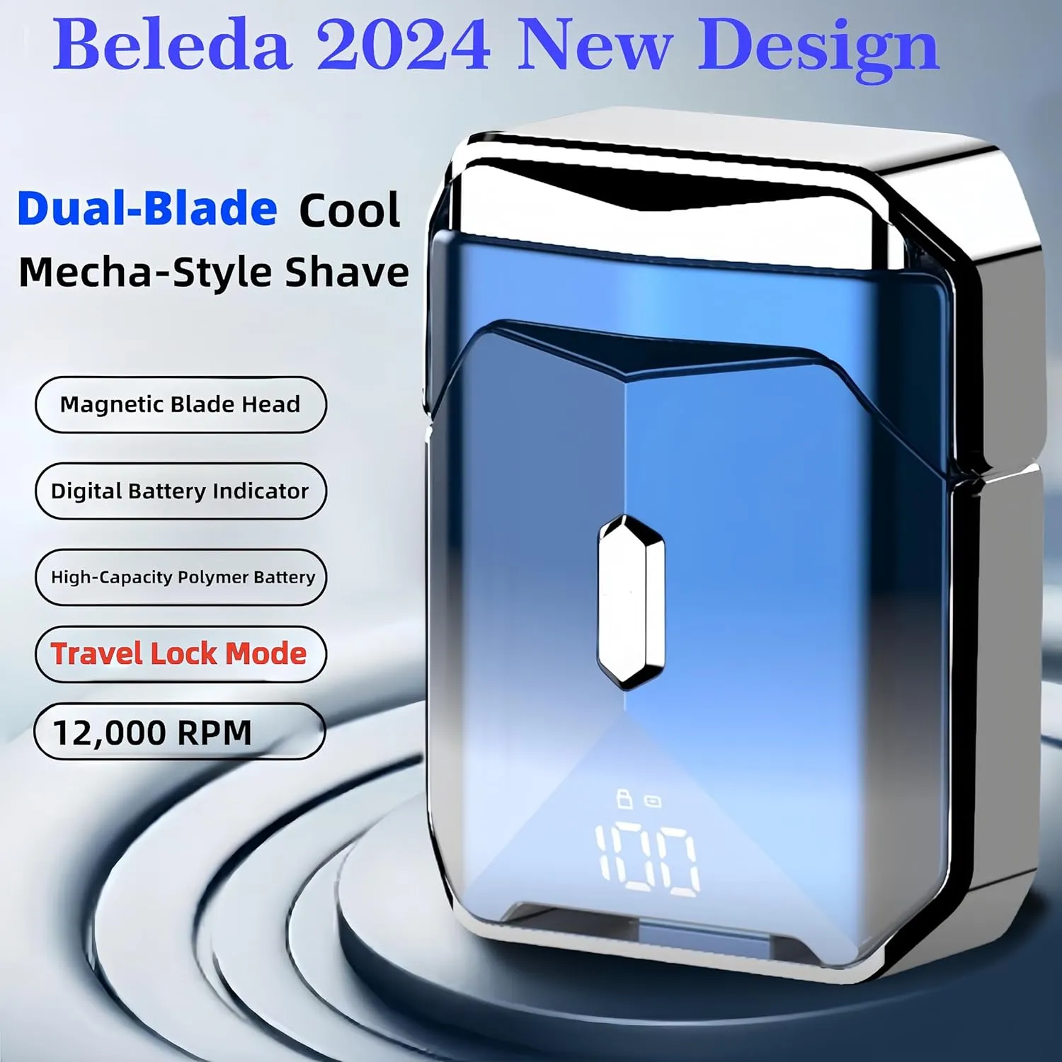 Mecha-Style Mini Shaver,2025 Ultimate Portable Electric Razor for Men,IPX7 Waterproof Wet & Dry Shaver with LCD Display,Rechargeable Cordless Razor for Home Office & Travel (Blue & 1 Extra Blade)
