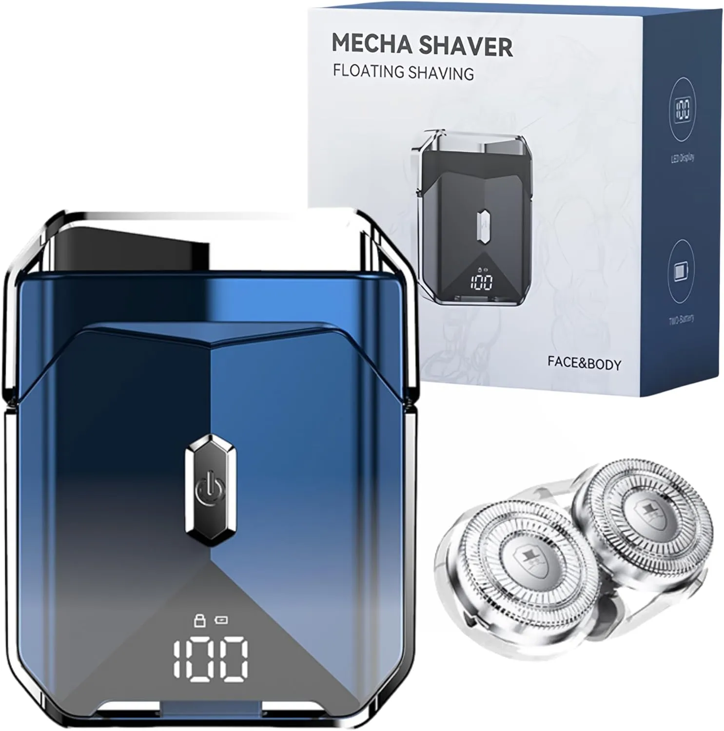 Mecha-Style Mini Shaver,2025 Ultimate Portable Electric Razor for Men,IPX7 Waterproof Wet & Dry Shaver with LCD Display,Rechargeable Cordless Razor for Home Office & Travel (Blue & 1 Extra Blade)