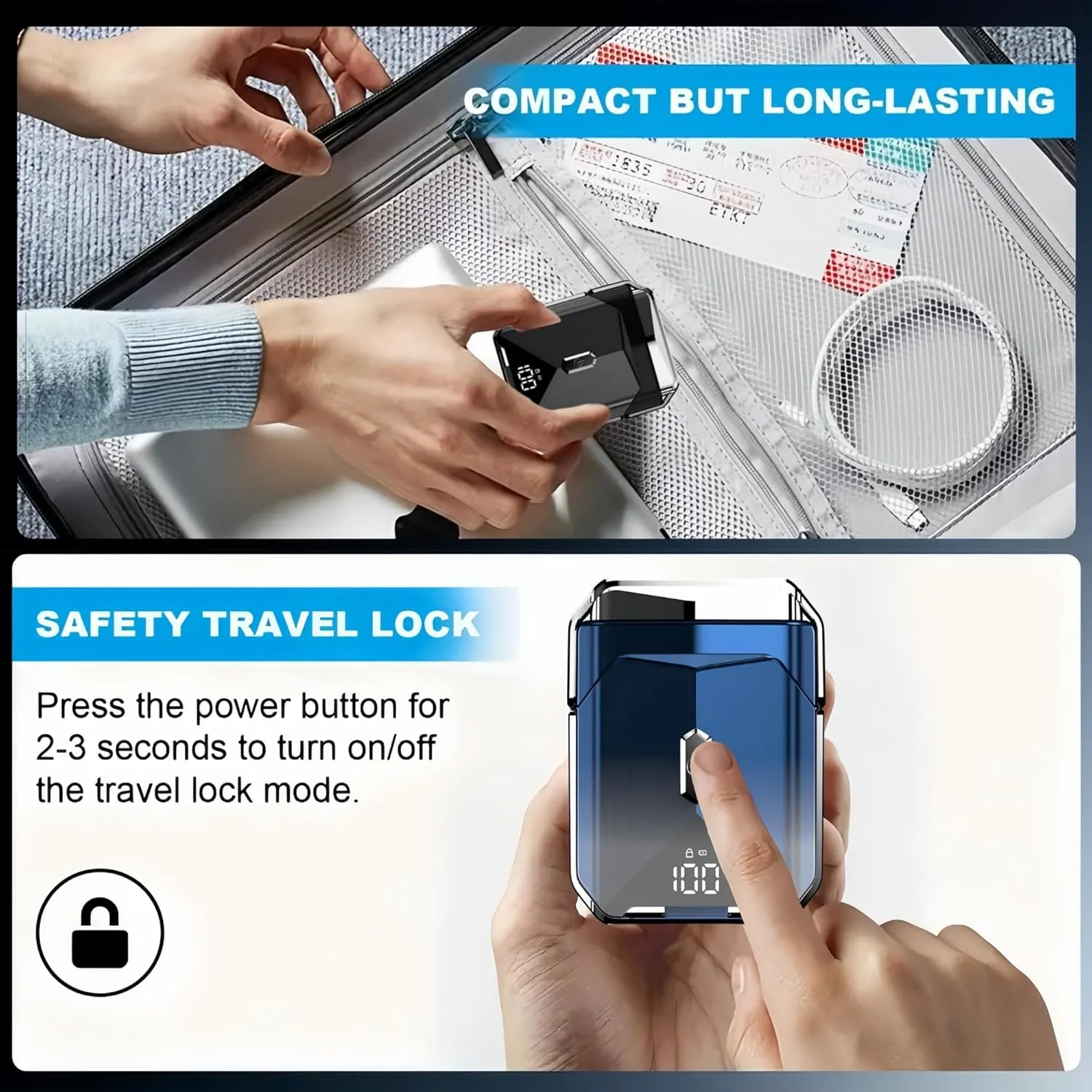 Mecha-Style Mini Shaver,2025 Ultimate Portable Electric Razor for Men,IPX7 Waterproof Wet & Dry Shaver with LCD Display,Rechargeable Cordless Razor for Home Office & Travel (Blue & 1 Extra Blade)