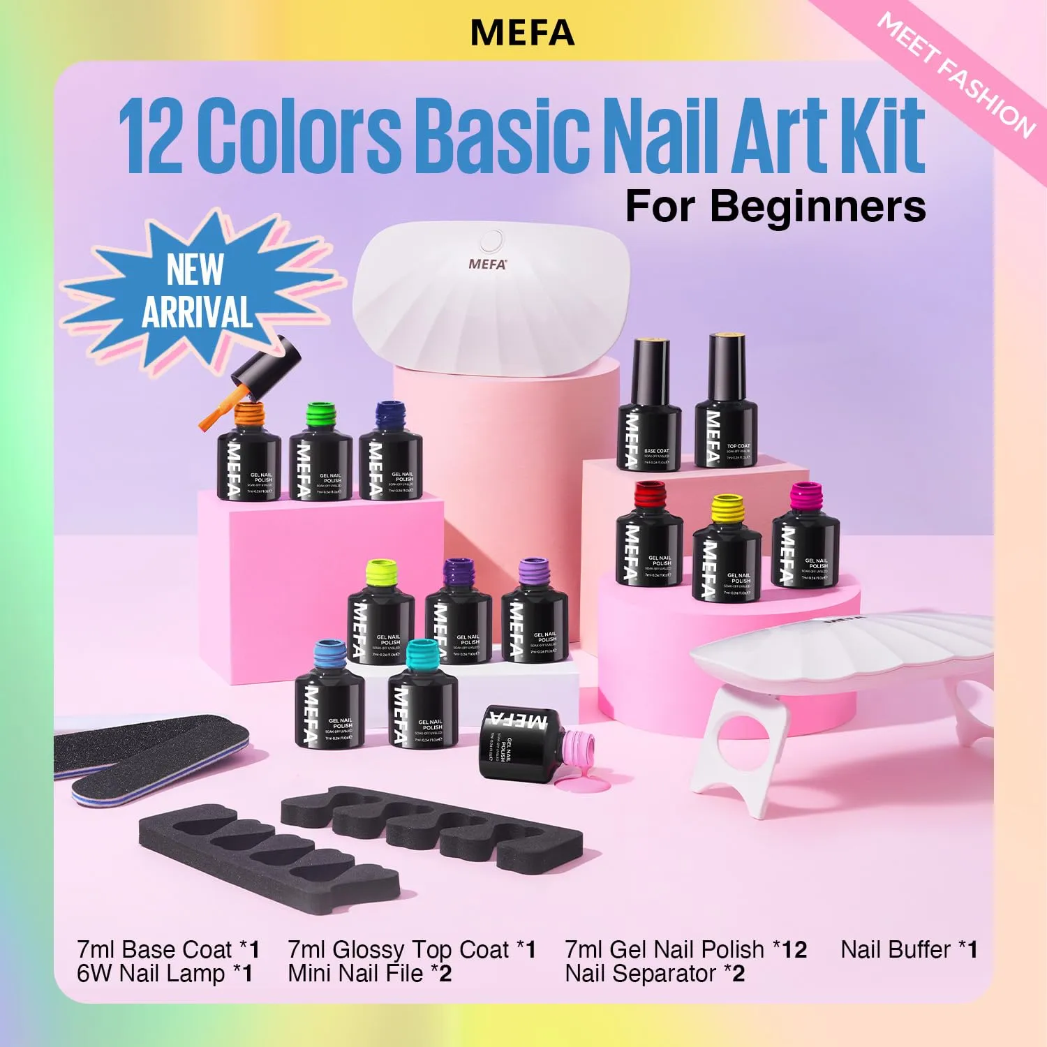 MEFA 19 Pcs Gel Nail Polish Kit with U V Light, 12 Colors Summer Neon Rainbow Bright Gel Polish Nail Set with Base Top Coat Essential Manicure Tools Beginners Salon Nails Art