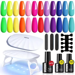 MEFA 19 Pcs Gel Nail Polish Kit with U V Light, 12 Colors Summer Neon Rainbow Bright Gel Polish Nail Set with Base Top Coat Essential Manicure Tools Beginners Salon Nails Art