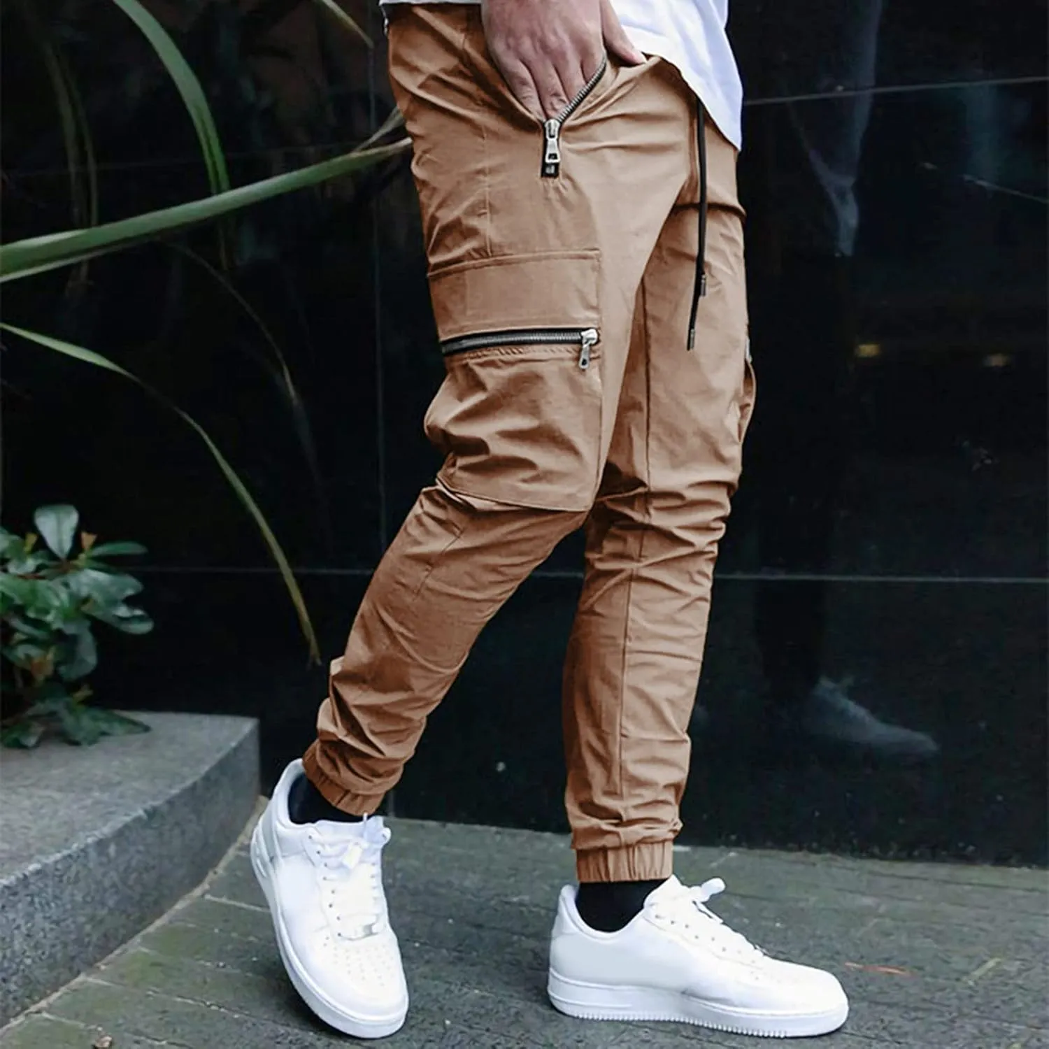 Mens Outdoor Hiking Cargo Pants Cotton Simple Solid Color Leisure High Street Elastic Men Athletic Joggers