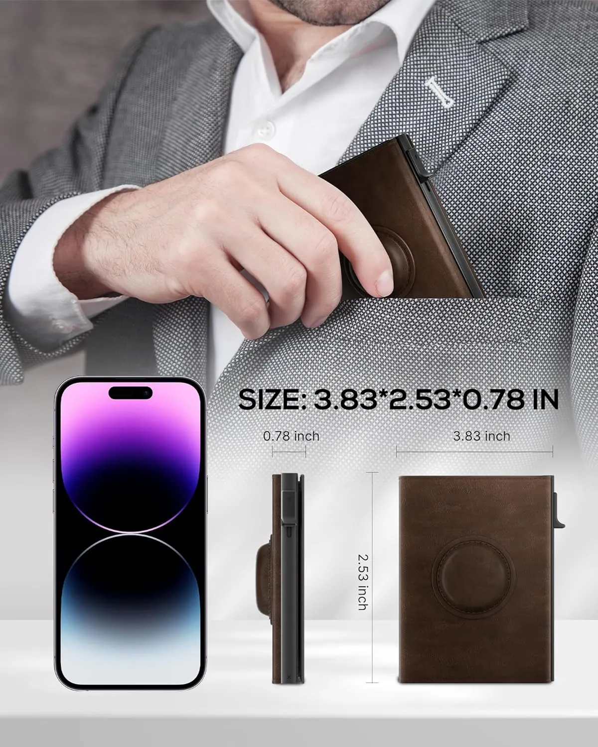Mens Wallet with AirTag Holder: Smart Wallet Compatible with Apple AirTag, Pop Up Card Case, Top Grain Leather, RFID Blocking, Slim, Minimalist, 9-14 Card Capacity | ID Window | Cash Slot (Brown)