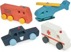 Mentari Toys - Emergency Transport - 4pc Chunky Wooden Toy Rescue Vehicles with Cut-Out Windows - Earth-Friendly and Imagination Fueled Play - Develop Motor Skills and Empathy - Age 18m 
