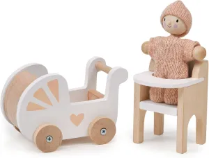 Mentari Toys - Nursery Set - Wooden Dollhouse Nursery Set - Incl Doll Baby in a Knitted Playsuit, Pram, Highchair and Other Accessories - Age 3 