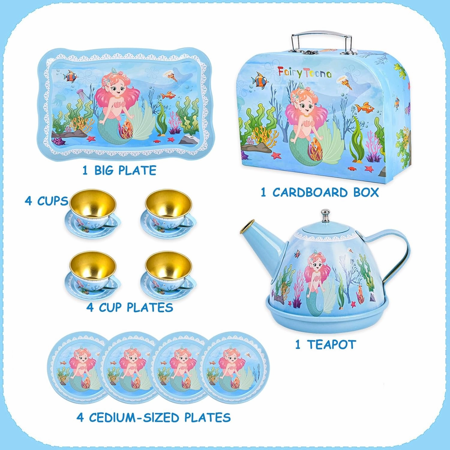 Mermaid Tea Party Set for Little Girls Ages 3-6, 14-Piece Pretend Play Kitchen Toys with Teapot, Cups, Plates & Storage Case, Princess Gift Set (Blue)