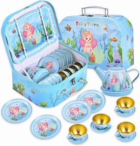 Mermaid Tea Party Set for Little Girls Ages 3-6, 14-Piece Pretend Play Kitchen Toys with Teapot, Cups, Plates & Storage Case, Princess Gift Set (Blue)