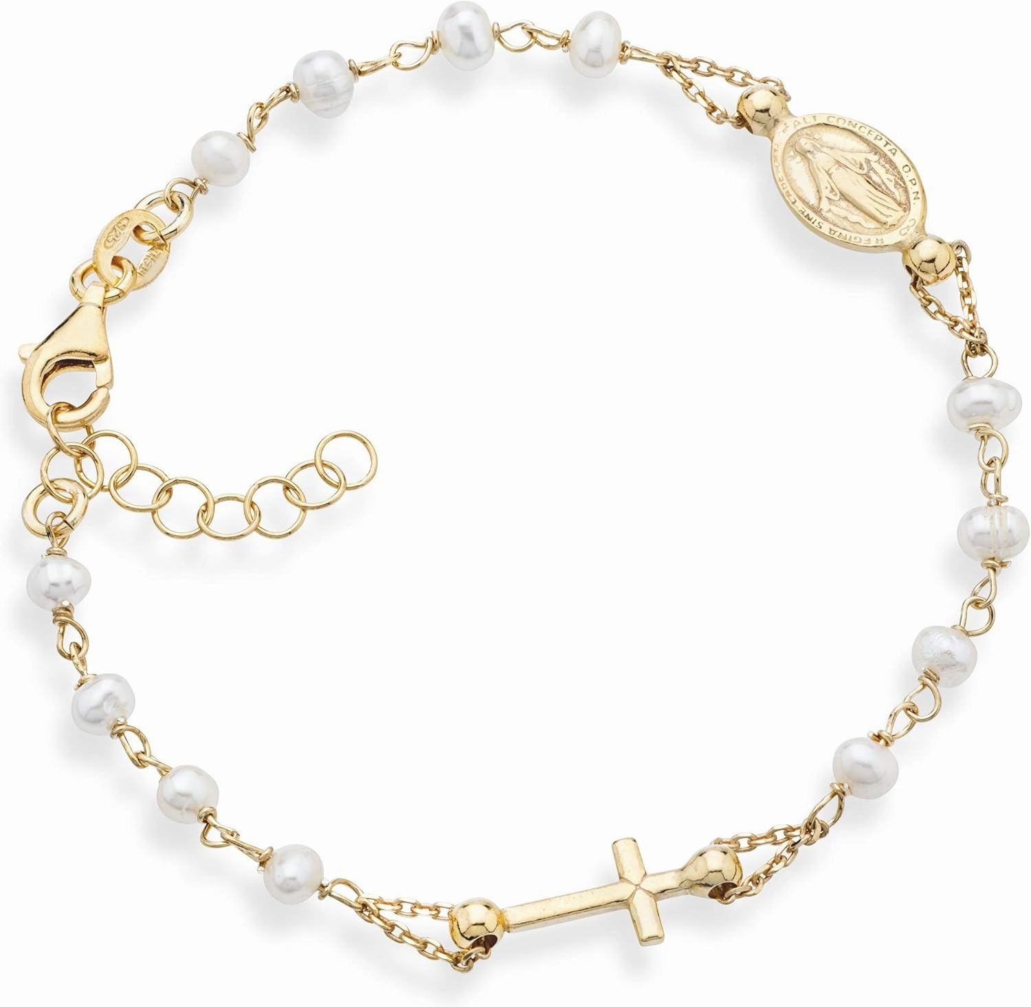 Miabella 18K Gold over 925 Sterling Silver Handmade Italian 3.5-4mm White Cultured Freshwater Pearl Rosary Cross Charm Bead Bracelet for Women, Adjustable Link Chain, 925 Italy