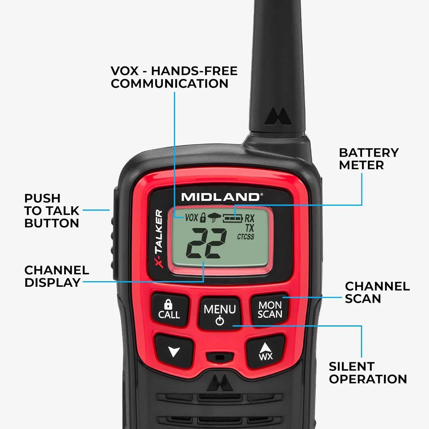 Midland® - T31VP - X Talker - 22 Channel FRS Walkie Talkies - Extended Range Two-Way Radios, 38 Privacy Codes, & NOAA Weather Alert - Set of 2 - Black/Red