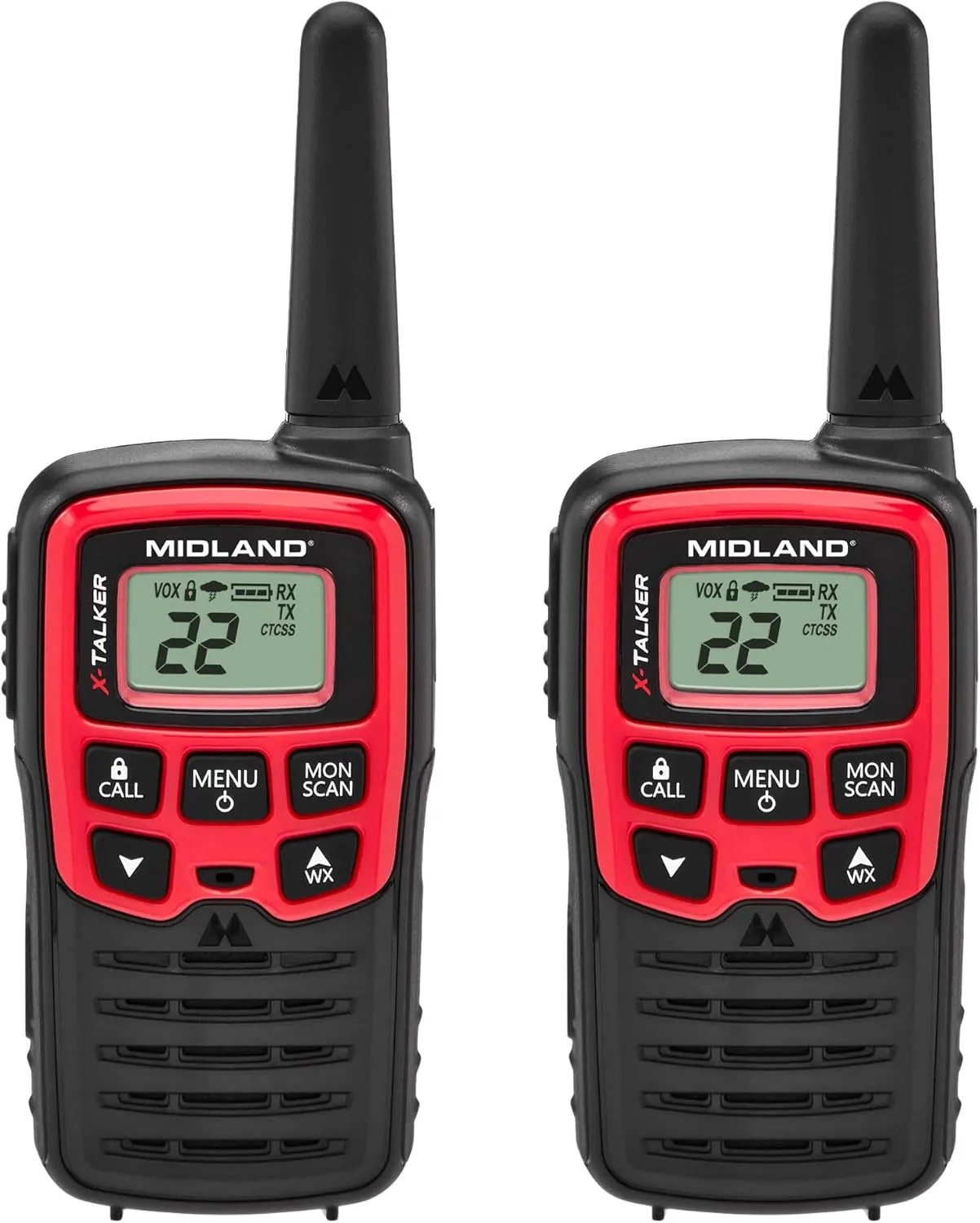 Midland® - T31VP - X Talker - 22 Channel FRS Walkie Talkies - Extended Range Two-Way Radios, 38 Privacy Codes, & NOAA Weather Alert - Set of 2 - Black/Red