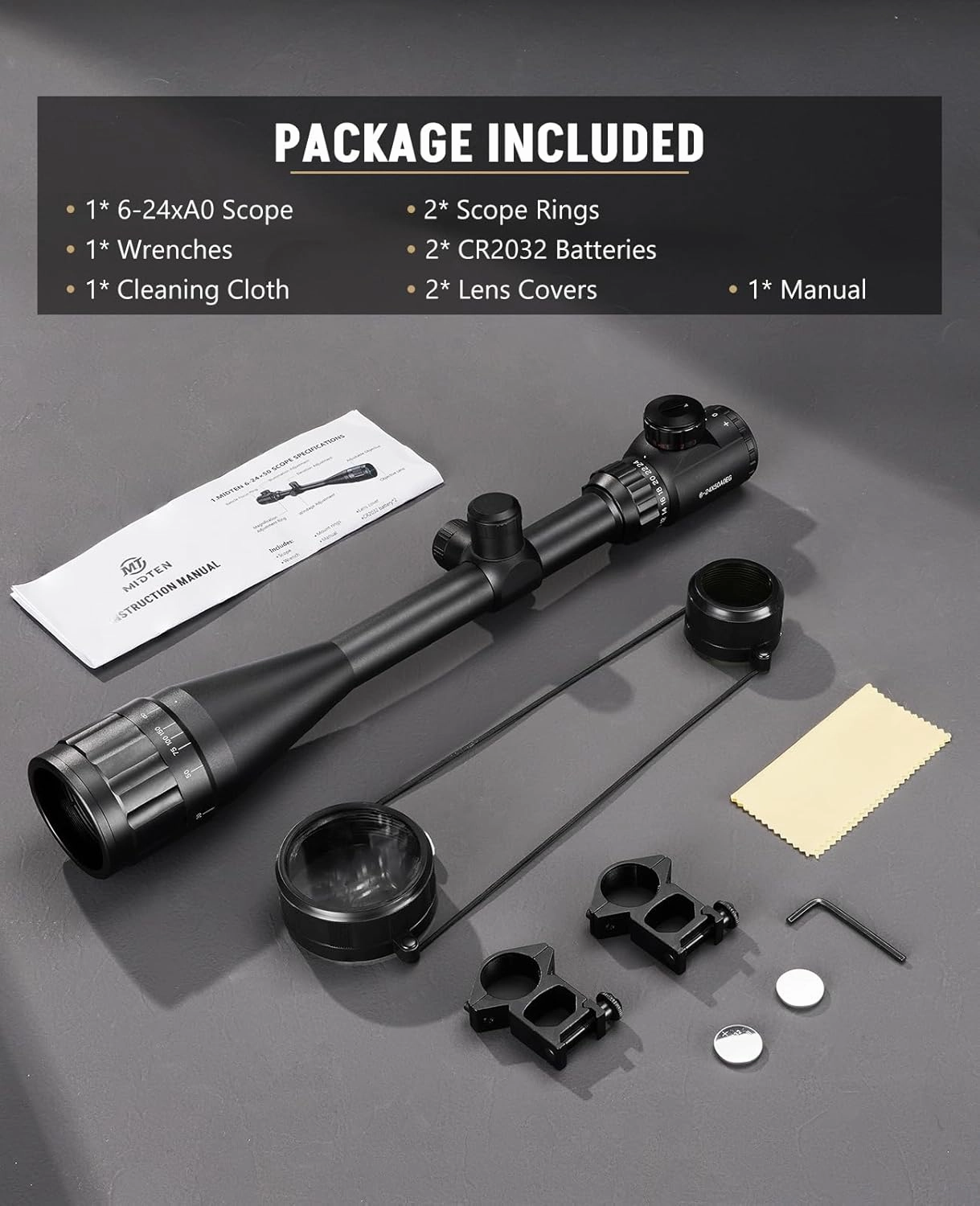 MidTen 6-24x50 AO Rifle Scope for Hunting - Red and Green Illuminated Long Range Scope - 1 inch Tube SFP with Rings