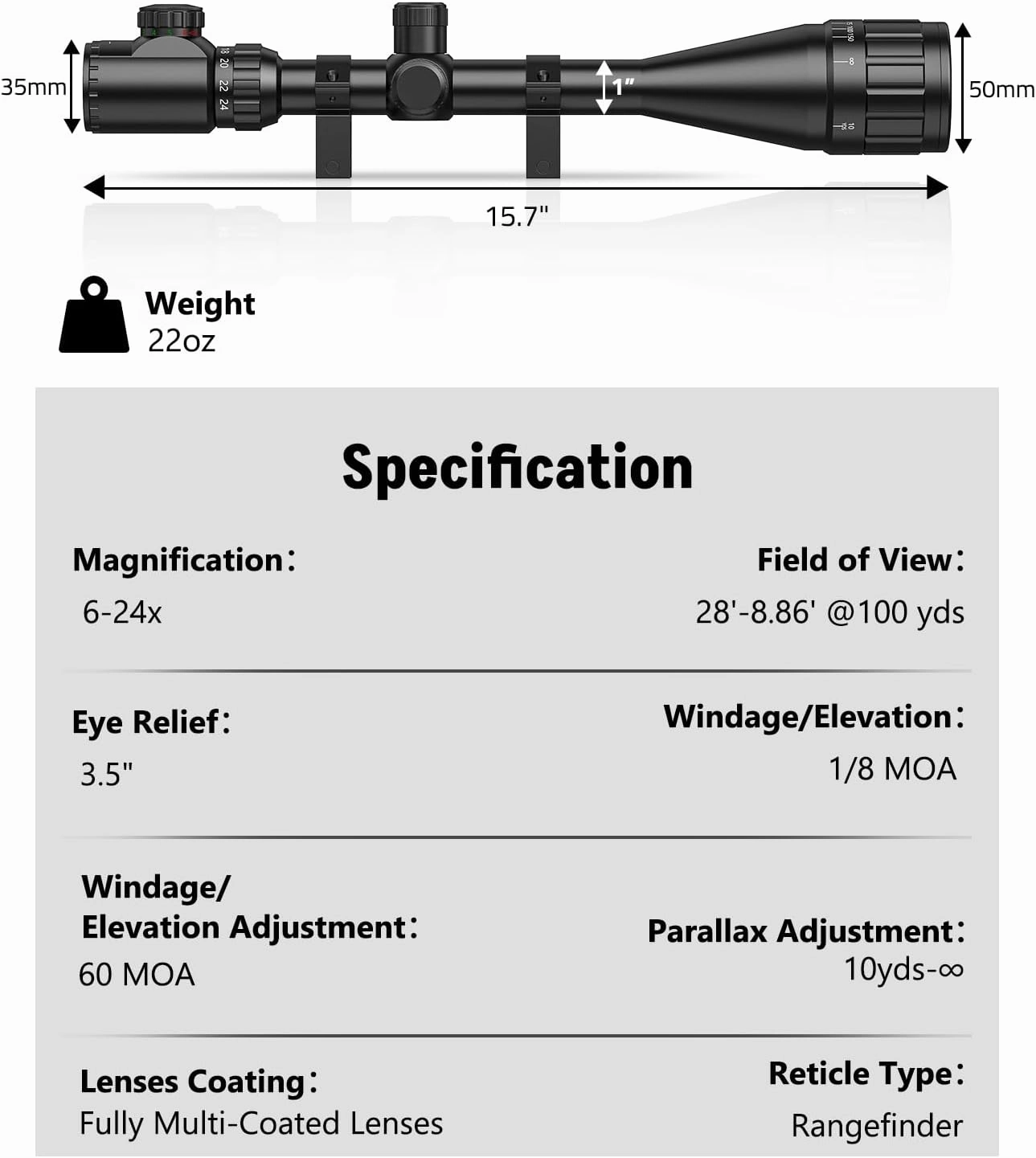 MidTen 6-24x50 AO Rifle Scope for Hunting - Red and Green Illuminated Long Range Scope - 1 inch Tube SFP with Rings