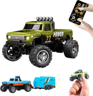 Mini Monster Truck, 1:64 Scale Remote Control Car with Lights, 2.4GHz Off-Road RC Truck, USB Rechargeable RC Car with Adjustable Speed for Kids Indoor & Outdoor Racing (Olive Green)